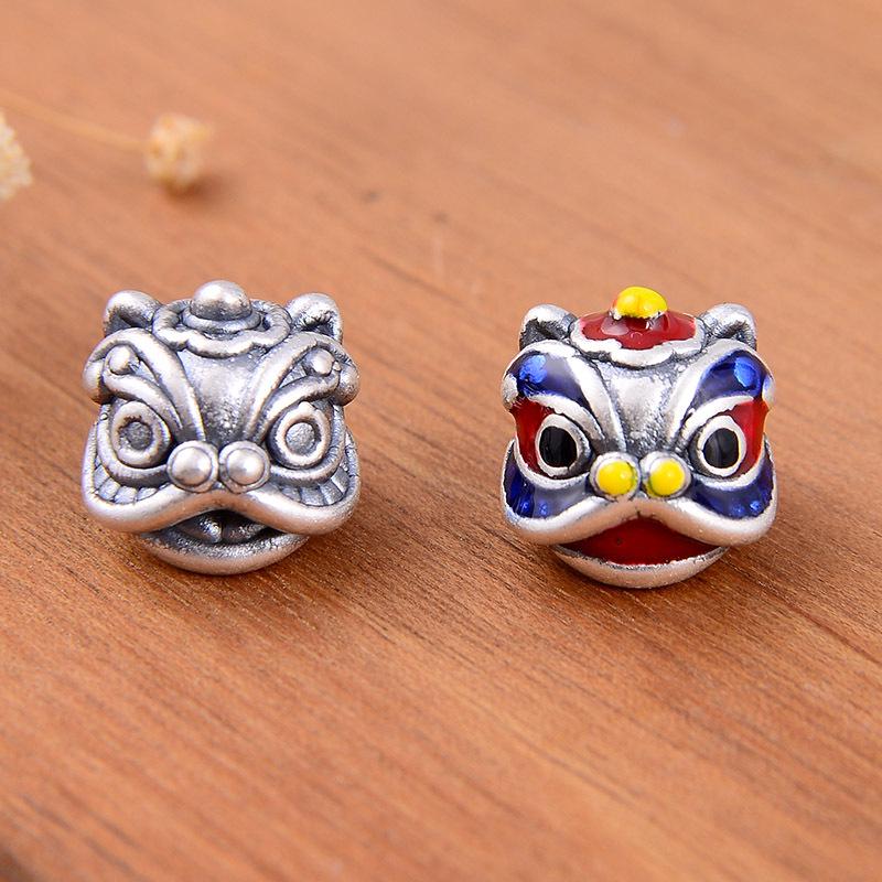 Sterling Silver S999 3D Lion Dance Spacer Beads for DIY Chinese Style Bracelets