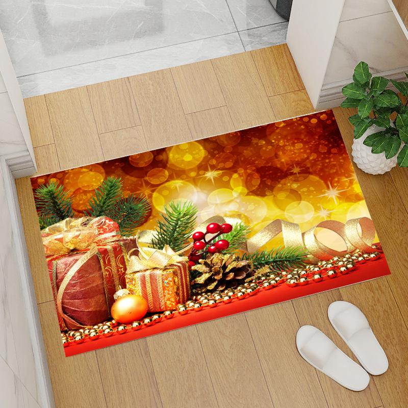 Red Coral Fleece Christmas Floor Mat with Santa Claus and Tree Design