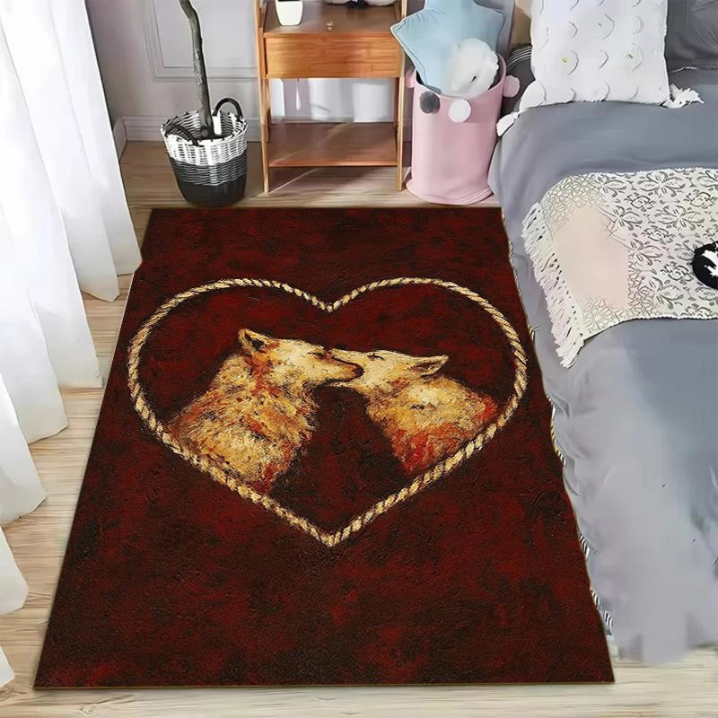 Gothic Dark Rope Heart Two Wolves Area Rug Dark Living Room Carpet Non Slip Floormat for Hallway Entryway Washable Retro Style