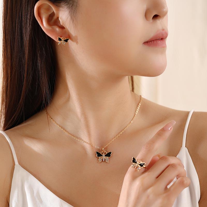 Elegant Diamond Butterfly Jewelry Set: Necklace, Ring & Earrings for Women