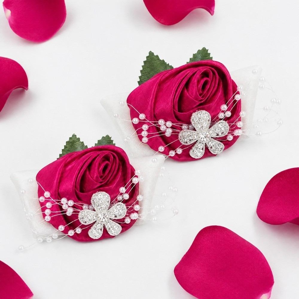 2pcs Diamond Rose Wrist Corsage Pearl Rhinestone Bridal Wrist Flower For Wedding