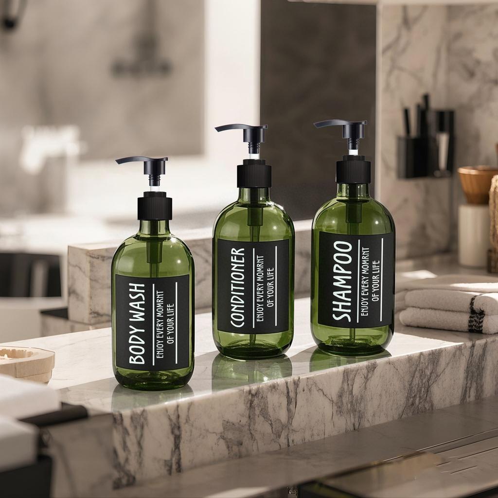 3pcs 500ML Round Bottles Green /Amber Lotion Bottle Plastic Soap Dispenser Portable Shampoo Conditioner Dispensers with 6 Labels