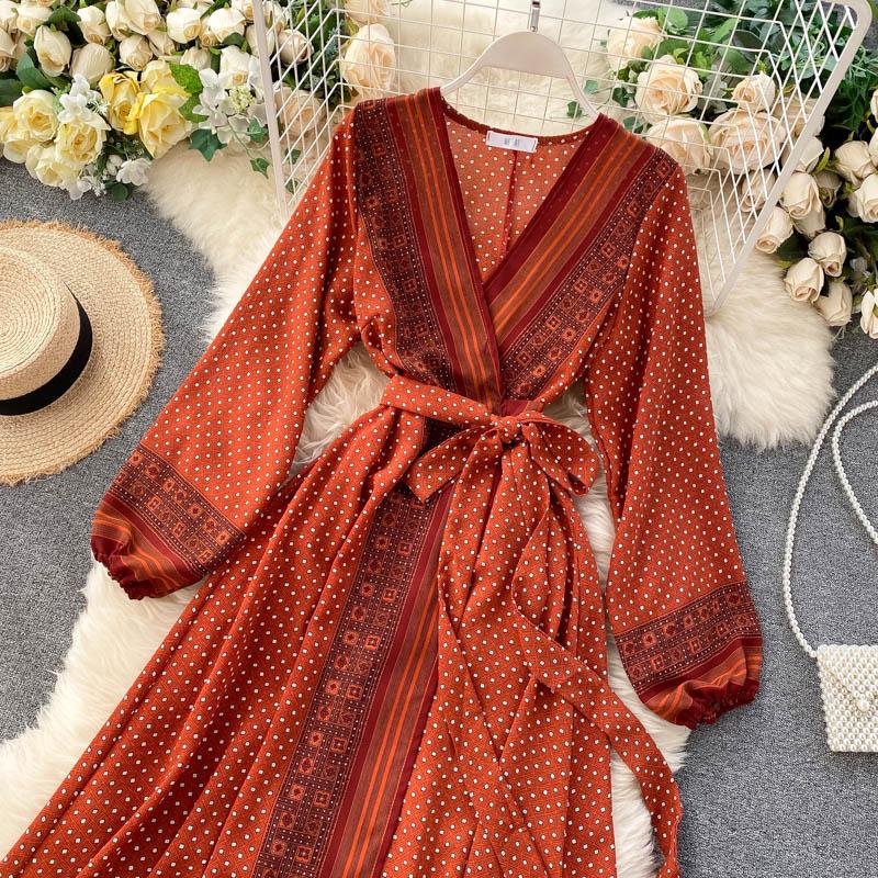 Ретро принт с кружевной талией, темпераментным v-образным вырезом, длинное платье с рукавами воздушного пузыря, женское осенне-зимнее платье