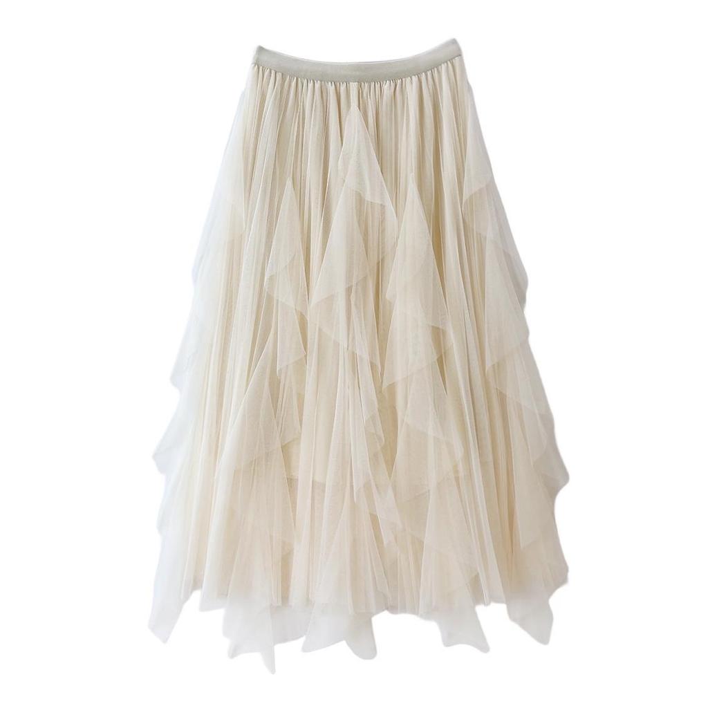 2023 Women's Irregular A-Line Pleated Gauze Skirt with Tassels