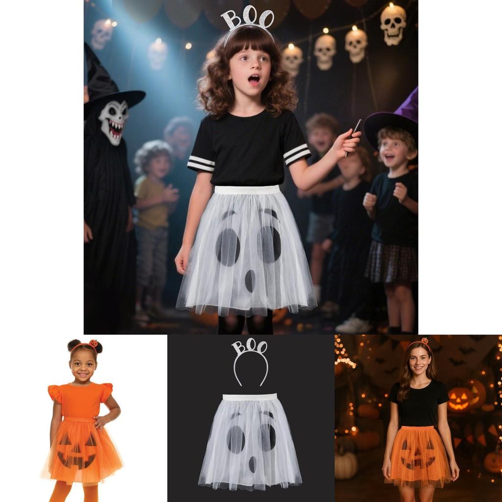 Halloween Ghost Face Pumpkin Veil Dress And Headband Set For Kids