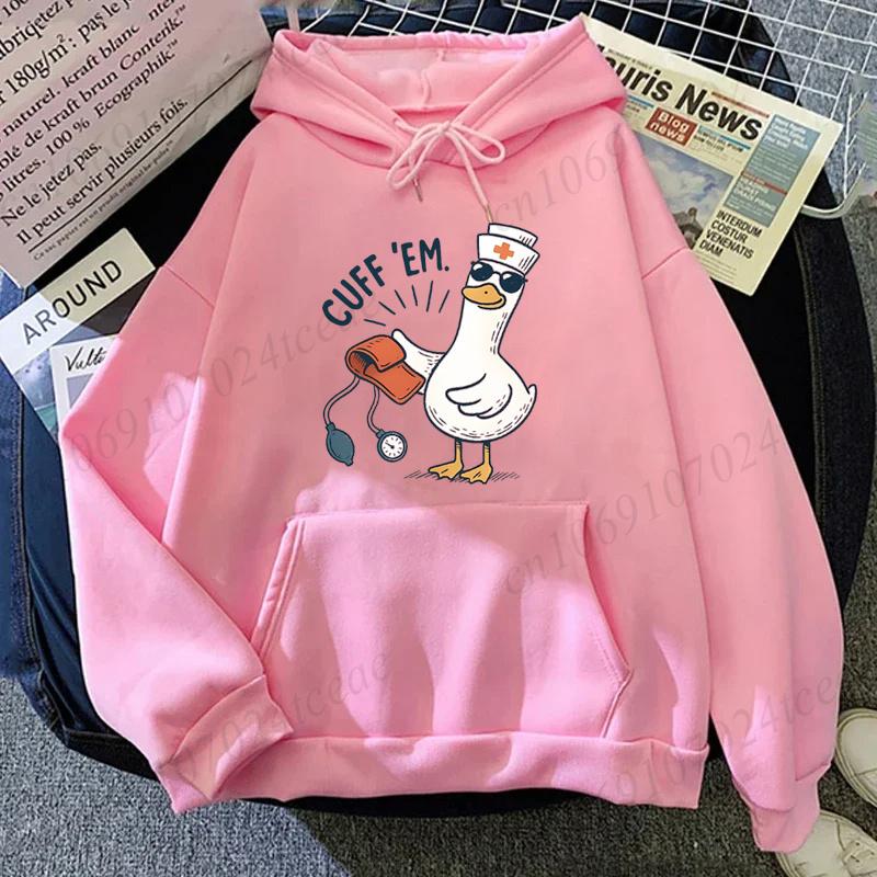 Cuff 'Em Cute Duck Nurse Graphic Hooded Hoodies for Women Men Funny Healthcare Worker Casual Sweatshirts Nursing Gift Tops
