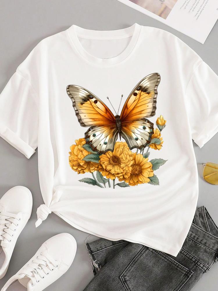 (Asian Size) Sweet Flower Feather Short Sleeve T-shirts Women's Top T Female Print Fashion O-neck Casual Clothing Graphic Tee