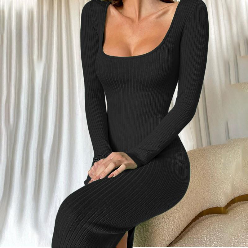 Womens Slim Fit Dress U-Neck Long Sleeve Split Solid Color Sexy Fashion