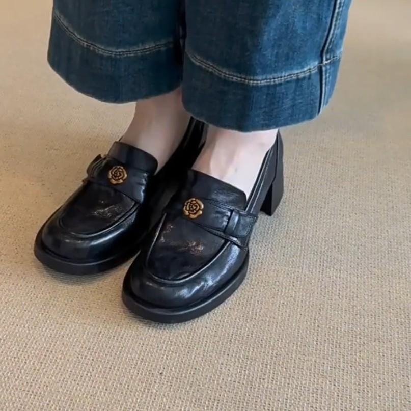 Вымытая конская кожа~ Кожаные мокасины на высоком каблуке для женщин, весна и осень, новый темперамент, одинарные туфли в британском стиле на одной ноге, маленькая ц