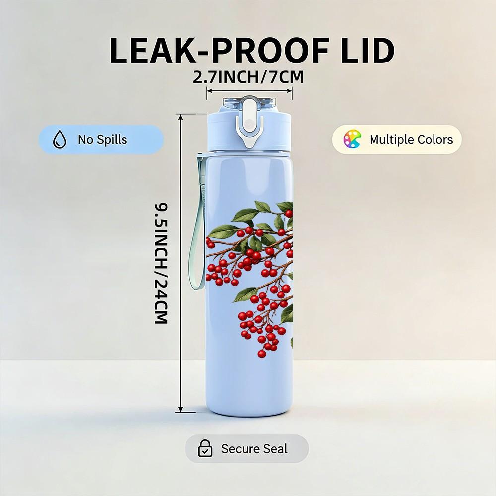 1PC Red Berry Branch Floral Print 750ml Color Plastic Sports Water Bottle Leakproof Flip Straw Lid Suitable for Sports Office Home Use