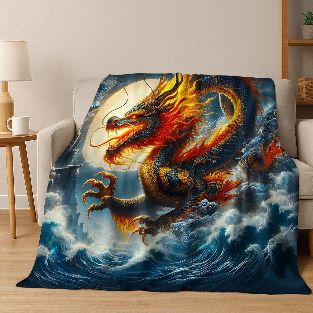 Magic Dragon Mythology Art Chinese Loong Cartoon Flannel Blanket,Cozy Soft Throw Blanket for Home Bedroom Bed Sofa Cover Kid