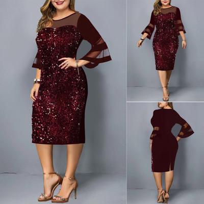 Леди Нижние Юбки Плюс Размер Вечернее Платье Сетчатая Пряжа С Блестками Плюс Размер Облегающее Платье с Расклешенными Рукавами для Свадьбы