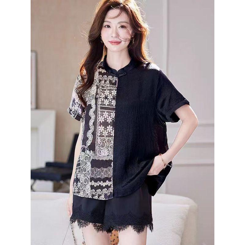 Classy Yuan Quality! Temperament Commute Women's Summer Satin Poplin Silk Patchwork Stand-up Collar Loose T-shirt Summer Blouse
