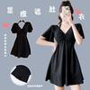 New swimsuit fairy fan one-piece short-sleeved belly cover conservative beach hot spring black skirt swimsuit