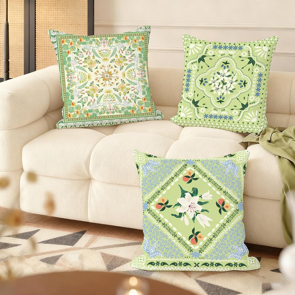 Green retro flowers Cushion Cover Natural Linen Organic Fabric DoubleSided Printing Couch Pillow Covers Home Decor