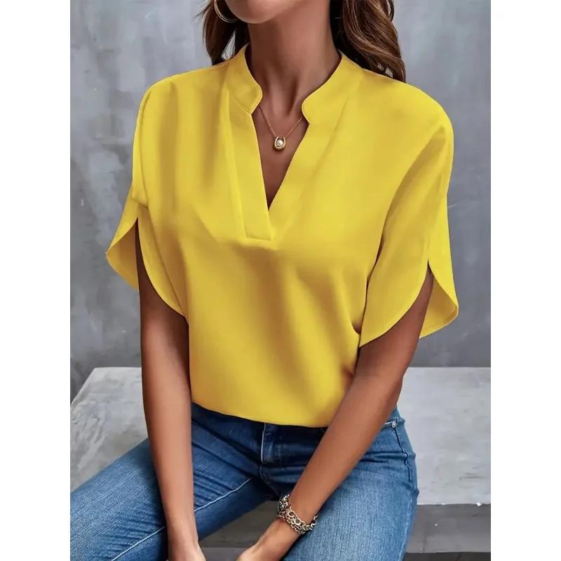 New Summer Women's Elegant Commuting Shirt Simple Solid Color Fashion V-neck Short Sleeved Shirt Loose Casual Holiday Shirt