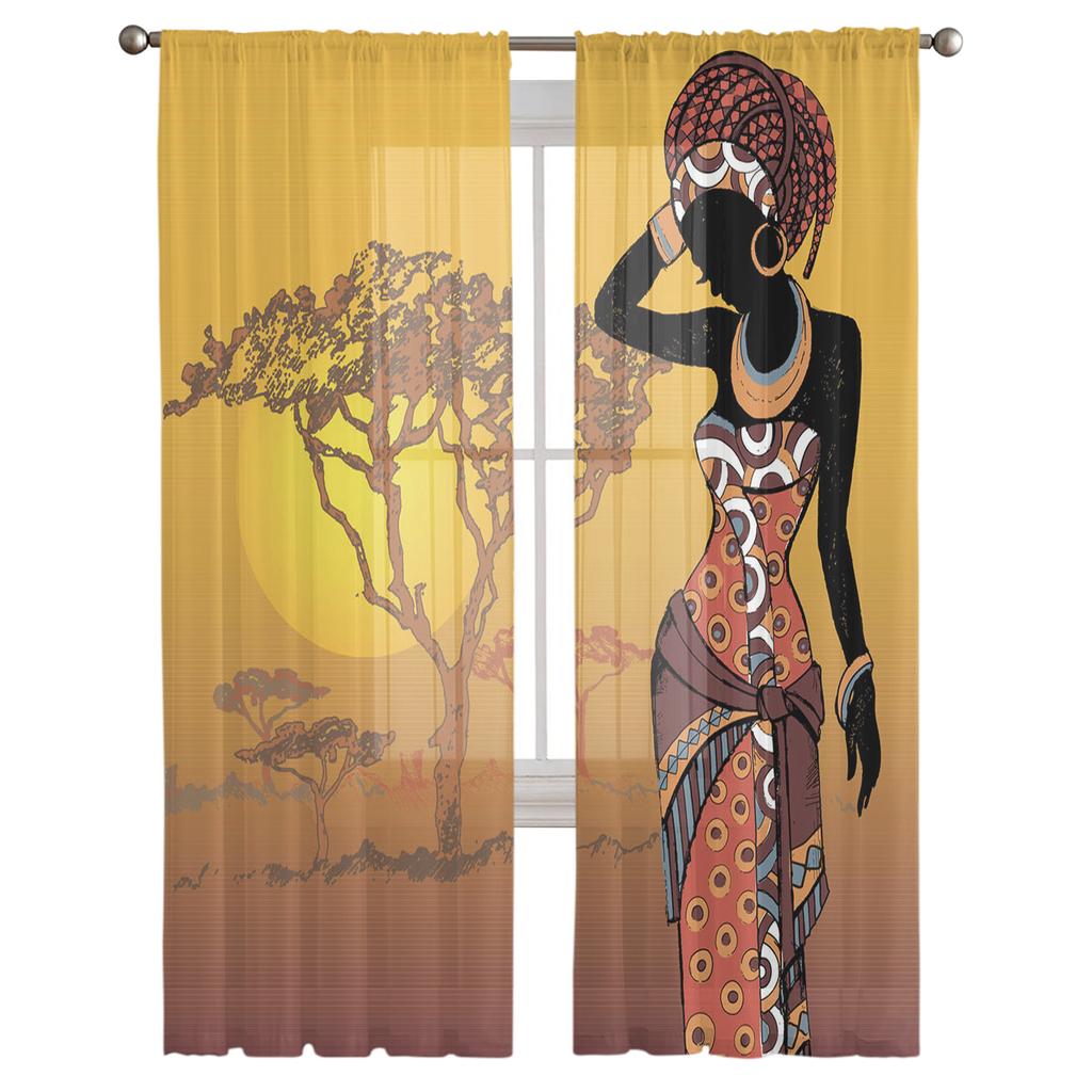 African Woman Plant Trees Art Sheer Curtains Living Room Window Tulle Curtains For Bedroom Kitchen Home Decoration Voile Drapes
