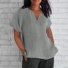 Women's Fashion Short Sleeve V-Neck Solid Colour Loose Casual Shirt Cotton Blouse