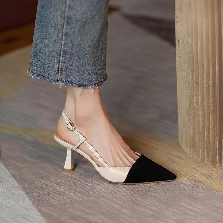 2025 Summer New Bag Head Sandals Color Matching Small Fragrant Wind Pointed High Heels One-word Buckle Sandals Stiletto