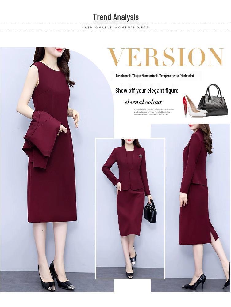 Красный ангоровый облегающий формальный комплект из платья и юбки - Профессиональная весенне-осенняя рабочая одежда для руководителей