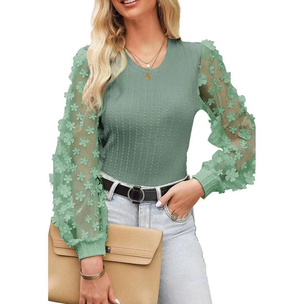 Сетчатая шифоновая рубашка с маленькими цветами, женская весна и лето, тонкий пуловер с круглым вырезом, блузка с длинными рукавами