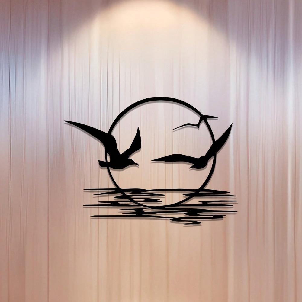 2D Flat Iron Sunrise And Seagulls Metal Wall Art. It Features A Circular Silhouette Design, Suiting Living Rooms, Bedrooms, Dining Areas, And Offices.