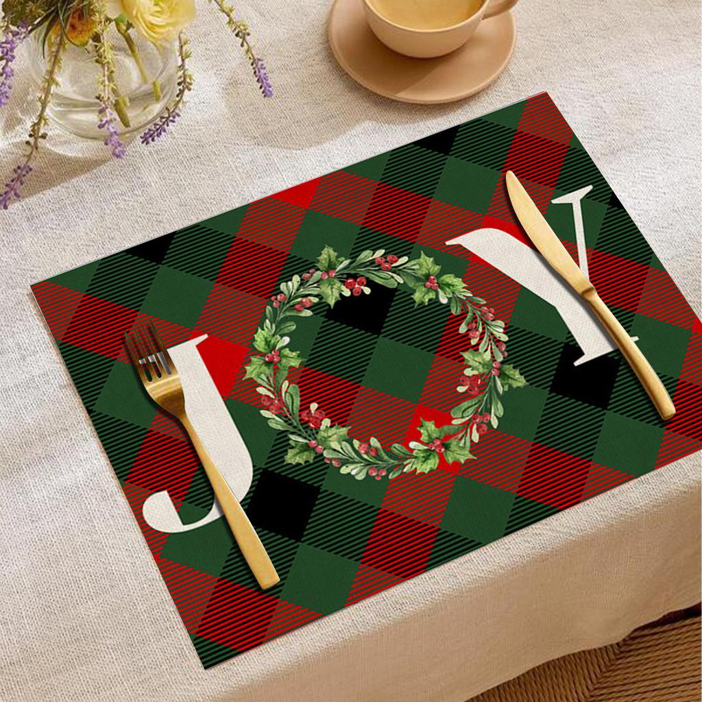 Christmas Xmas Snowflake Table Mat Red Green Plaid Holly Wreath Festive Placemat for Holiday Table Christmas Dinner Party Decor