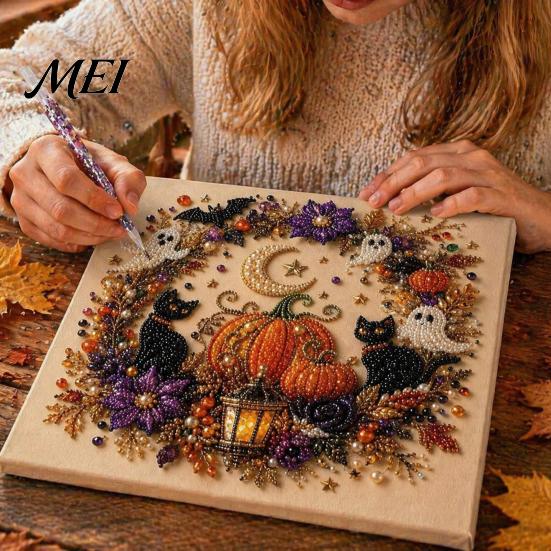 Handmade Holiday Gift Ideas Halloween Faux Pearl Art DIY Kit, Spooky Cute 3D Beads Painting Crafts, Mosaic Crafts for Adults Gothic Ghost Pumpkin Cat