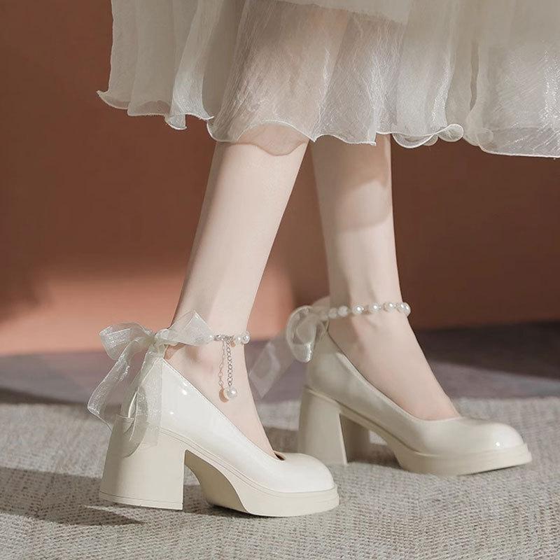 Туфли «Сказочный ветер» Нежные туфли Мэри Джейн для девочек 2025 года Весна Новые высококачественные модные универсальные легкие туфли с жемчужным принтом на высоком каблуке