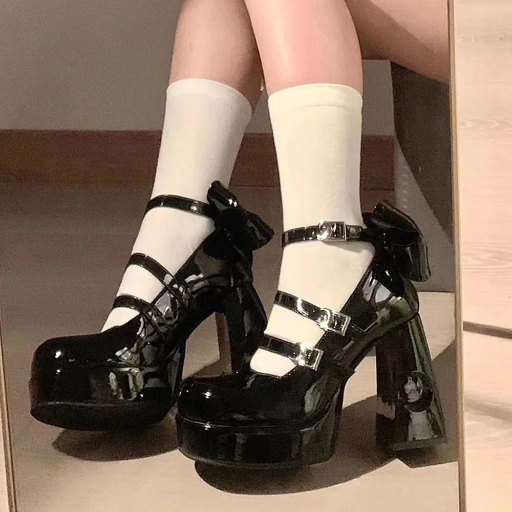Fashion Mary Janes High Heel Cosplay Girls Pumps Buckle Bowknot Platform Elegant Punk Gothic Lolita Dress Fashion Shoes Platform Heels