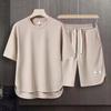 Mens Korean Fashion Waffle Two Piece Set Summer Short Sleeve T-Shirt and Shorts Loose Sets Mens Track Suits
