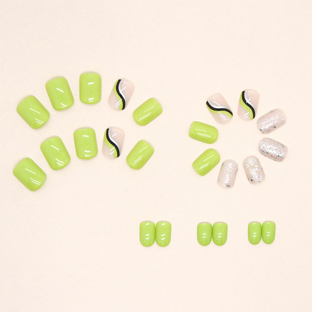 Green Ripple Short Square False Nails 24Pcs For Daily And Special Occasions for Women