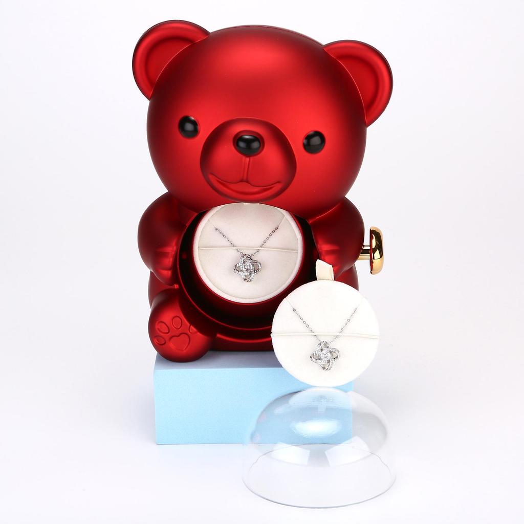Rotating Teddy Bear Rose Jewelry Box with Preserved Flower - Charming Gift Idea for Rings and Necklaces