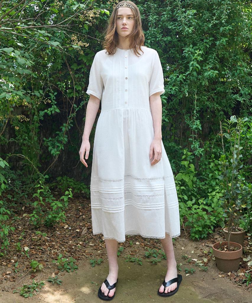 Mite Pintuck Lace Tired Dress_Ivory