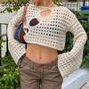 Hollow Out Cropped Knit Smock Top Women Vintage Loose Distressed Crochet Pullovers Crop Tops Fairy Grunge Sweater Cover-up