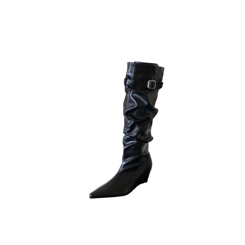 2025 Autumn and Winter New European and American Pointed Toe Wedge Temperament French Fashion Pleated Thin Stacking Boots Boots