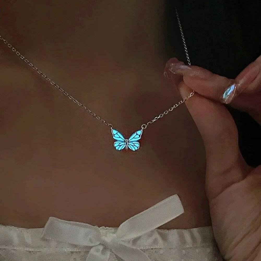 Simple Butterfly Necklace Glow in The Dark Diamond Bracelet Vintage Clavicle Chain Women