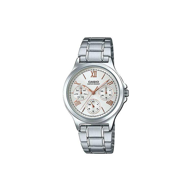 Casio Standard Series Dress Fashion Classic Three Eye Six Needle Roman Scale Quartz Movement Stainless Steel Strap Women watches Silver LTP-V300D-7A2
