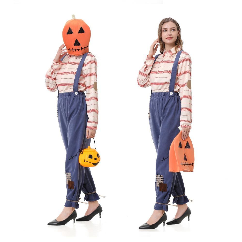 Adult Unisex Men Women Pumpkin Headgear Striped Shirt Patch Overalls Jumpsuit Sets Halloween Cosplay Costumes Party Outfit