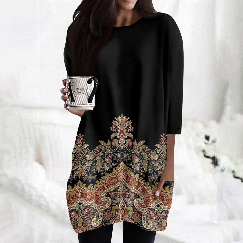 Женские повседневные рубашки с рукавами 3/4, модные туники с принтом, топы с карманами
