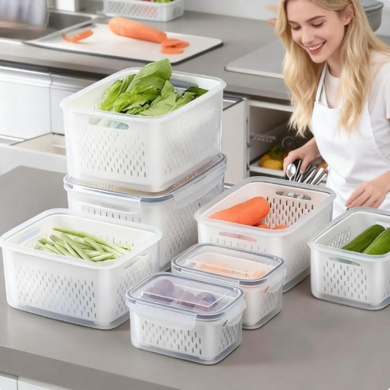 Набор из 13 шт. Многоразовый пластиковый контейнер для хранения продуктов Подходящий (5 крышек + 5 коробок + 3 дренажные корзины)