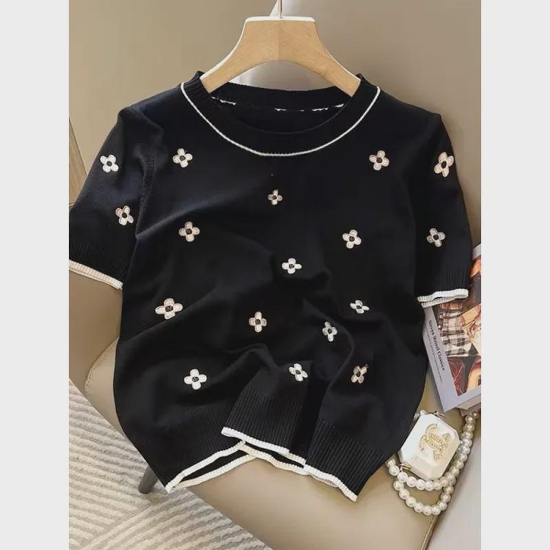 Футболка с коротким рукавом из корейского жаккардового трикотажа 2022 года — легкая, свободного кроя, с круглым вырезом, верх из ледяного шелка