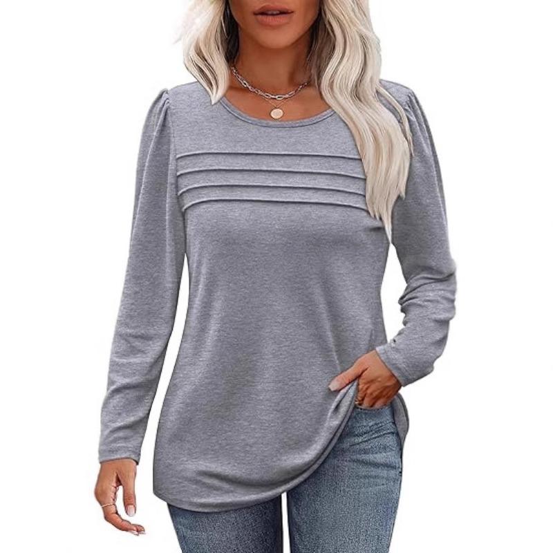 Женский однотонный свободный топ с круглым вырезом и длинными рукавами на весну и осень