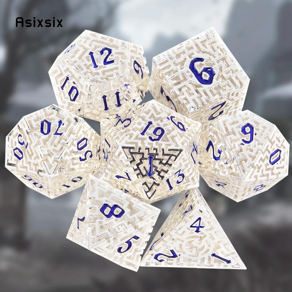 7 Pcs White Blue Metal Dice Maze Hollow Metal Polyhedral Dice Set Suitable for Role-Playing RPG Board Game Card Game