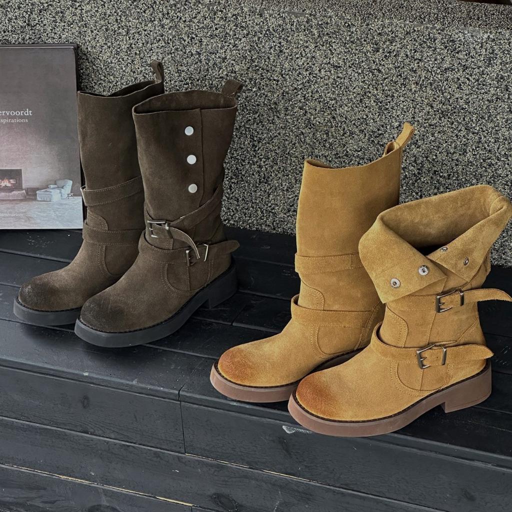 2025 новые ретро матовые двухсторонние короткие ботинки ковбойские сапоги в западном стиле женские осенне-зимние новые на плоской подошве с круглым носком ботинки Мартин