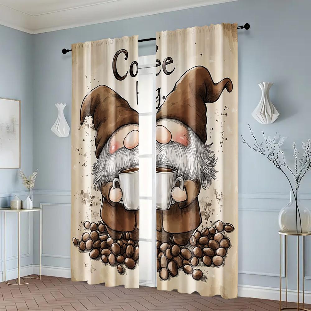 2pcs, Light Filtering Curtains Coffee Gnome Versatile Durable Polyester (without rod) Gifts Perfect for Living Room, Bedroom,