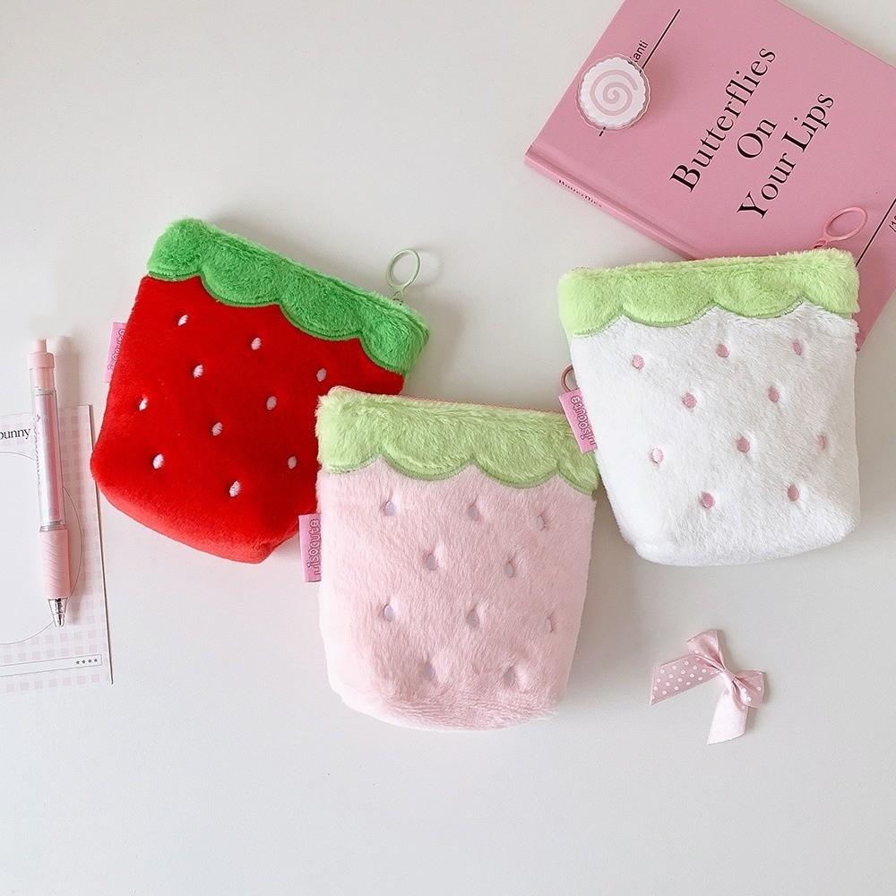 Zipper Design Plush Strawberry Keychain Lipstick Card Bag Earphone Bag Gift Giving