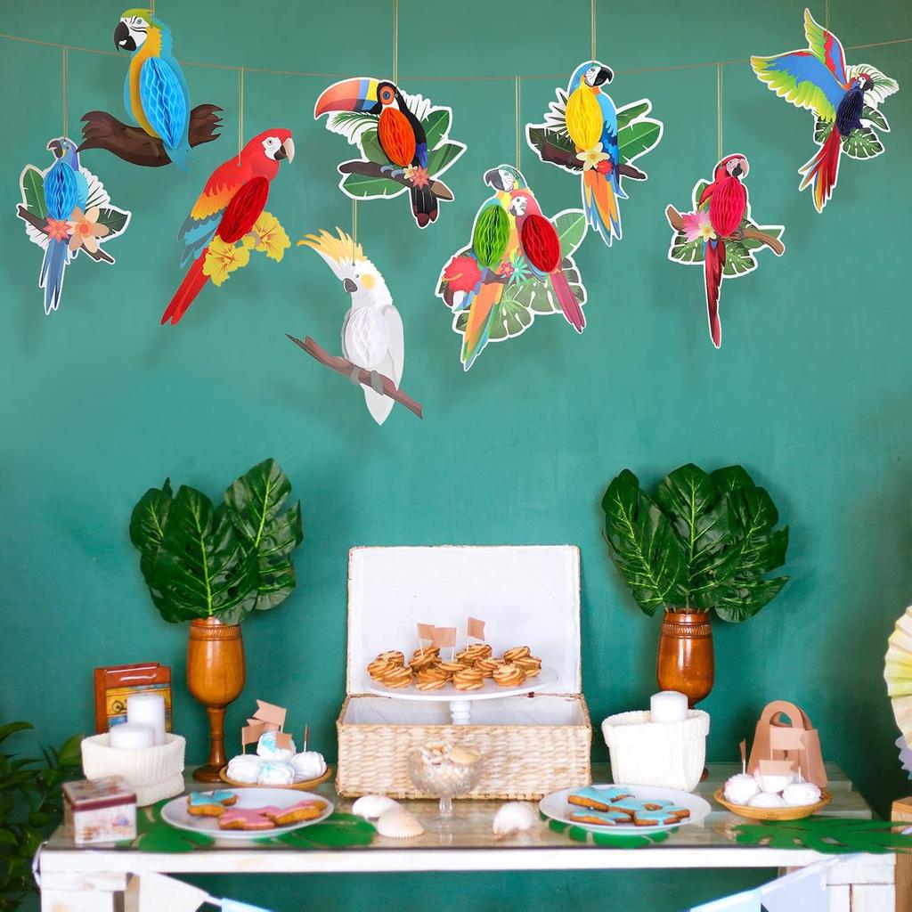 Spakon 9 Pieces Tropical Birds Honeycomb Paper Cutouts Rio Luau Party Hanging Decorations Rainforest Hanging Paper Birds Hawaiian Parrot Honeycomb