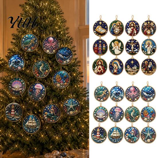 Seasonal Wall Hanging 12PCS Christmas Tree 2D Flat Pendant, Pearl Acrylic Art Kits, Bright Living Room Ornament Color Classic Patterns for Holiday