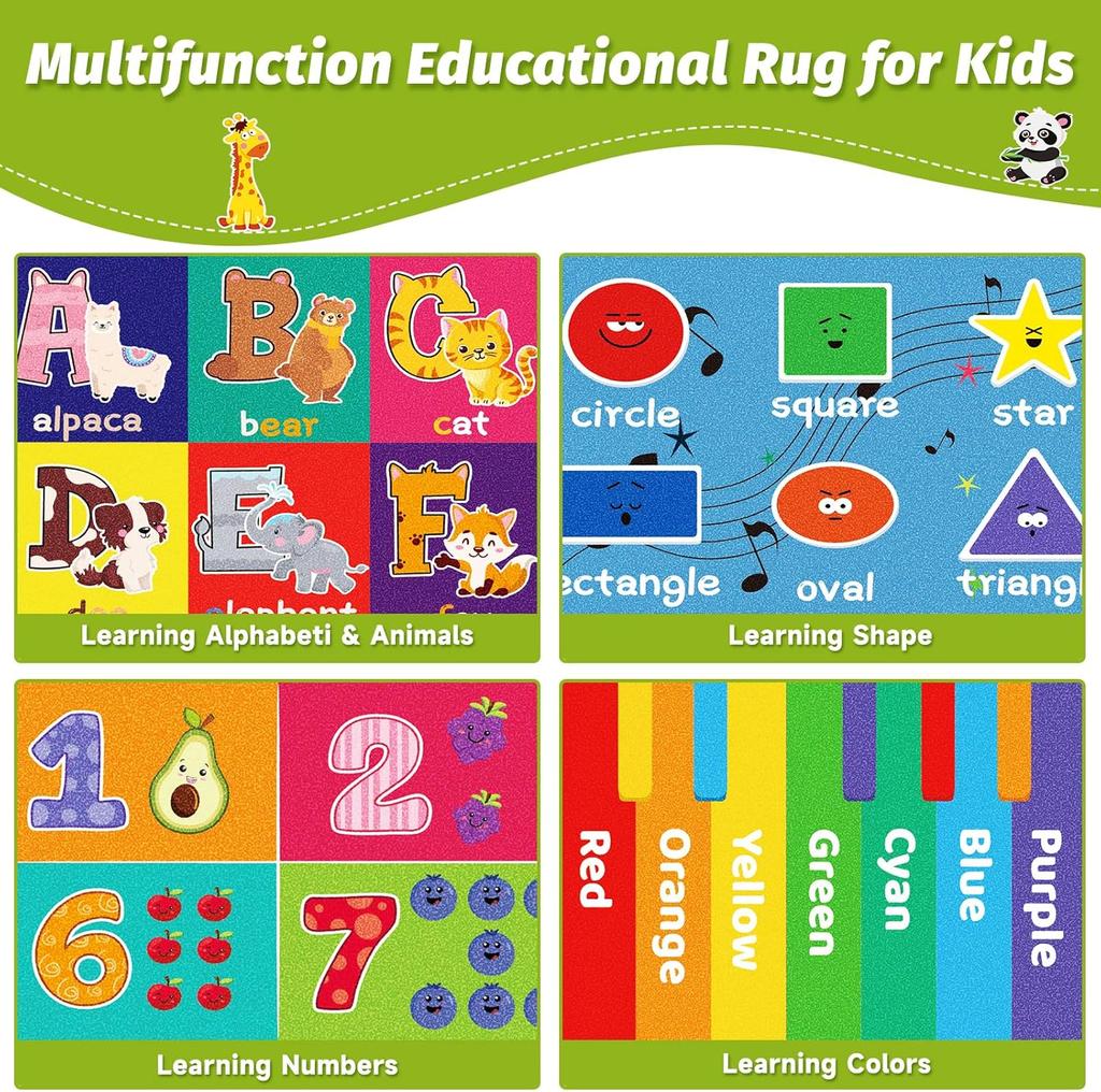 Educational ABC Kids Carpet with Numbers and Animals, Preschool Play Mat for Bedroom, Playroom, and Classroom